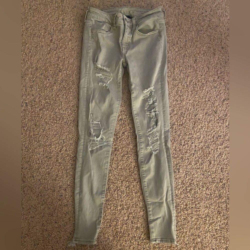 American Eagle Greenish Grey Ripped Jeans